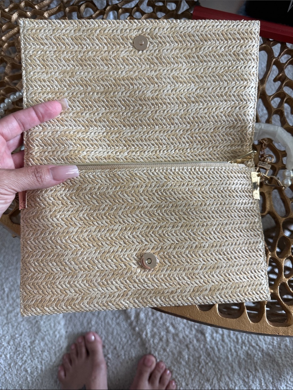 Dior Beige Raffia Clutch with Pearl Chain and Pearl Key Holder. - Picture 6 of 6
